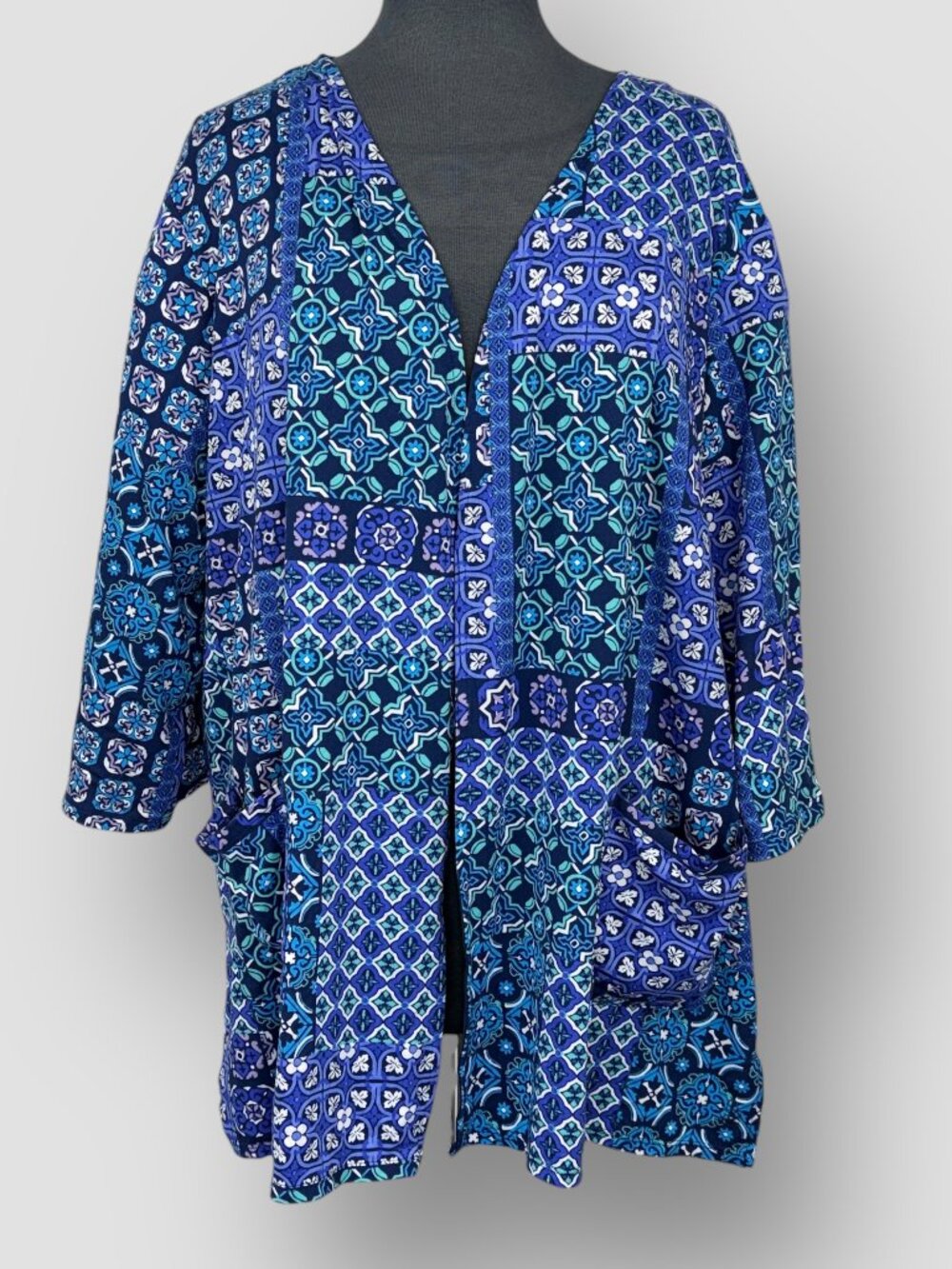 Cuddl Duds Relaxed Open Front Cardigan M‎ Geometric Print 3/4 Sleeve Pockets